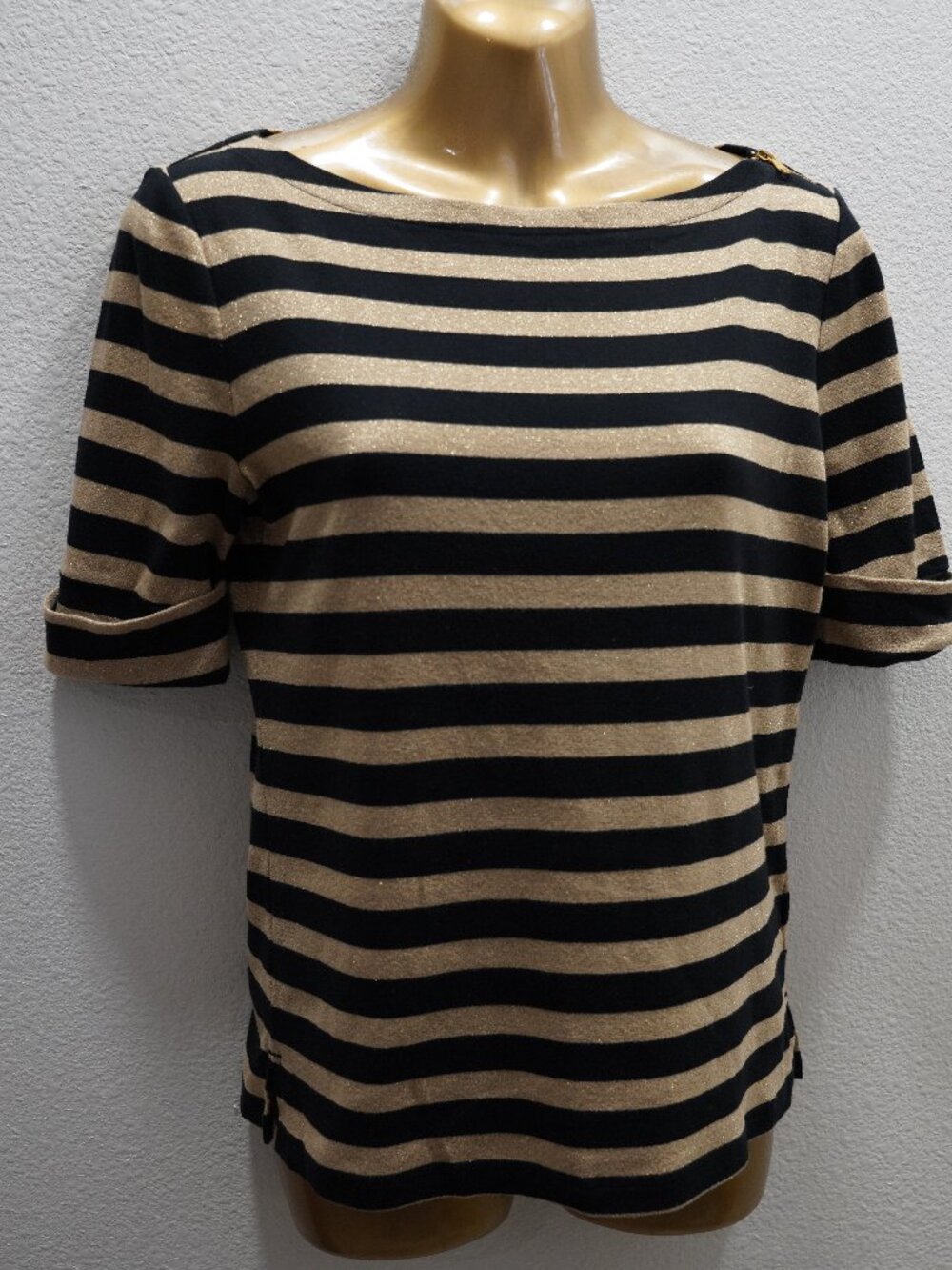 Lauren Ralph Lauren Striped Short Sleeve Zip Shoulder Boatneck size PM